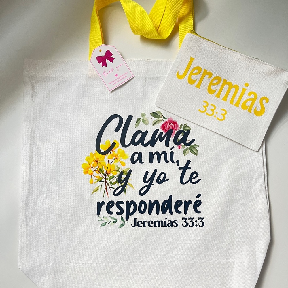 White Tote Bag with Yellow Handles and Pouch